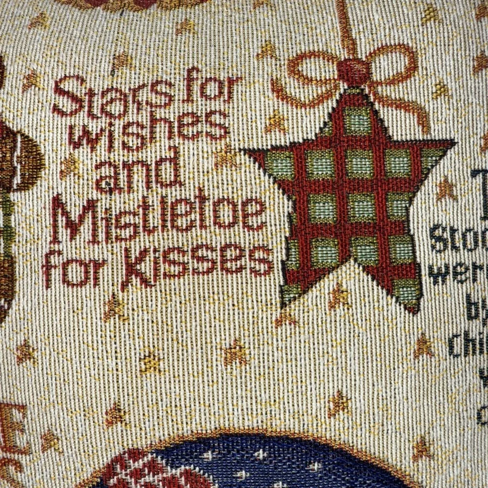 Christmas X-Mas Wishes Needlepoint Santa Seasons Throw Pillow 16X16 Green Back
